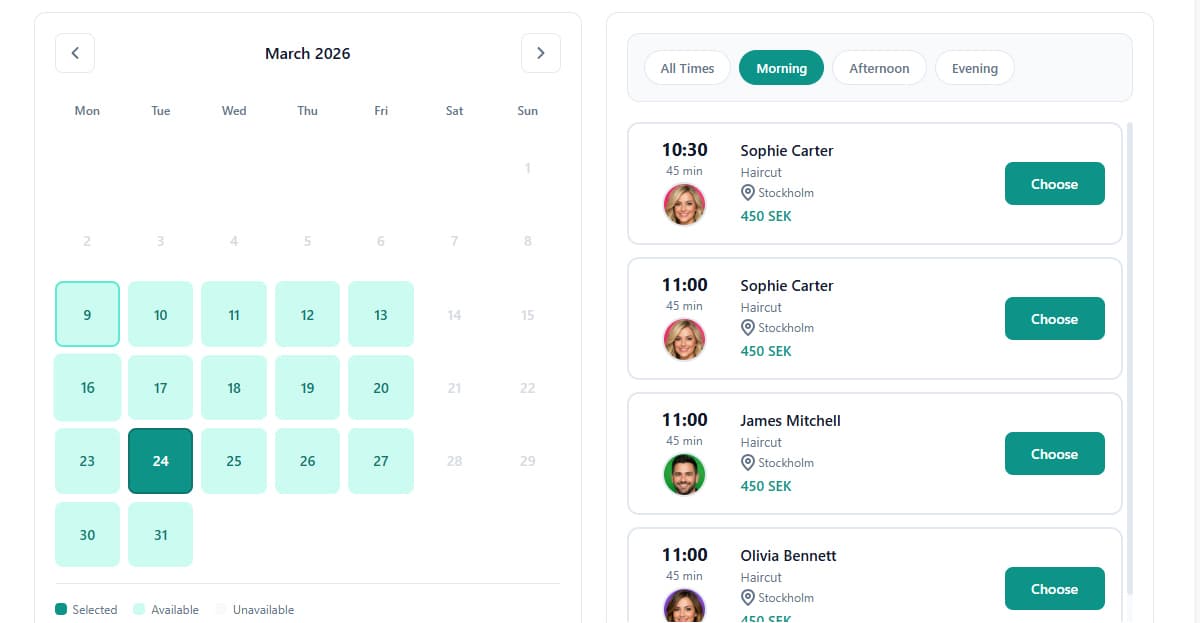 Booking interface preview with service slots and live availability
